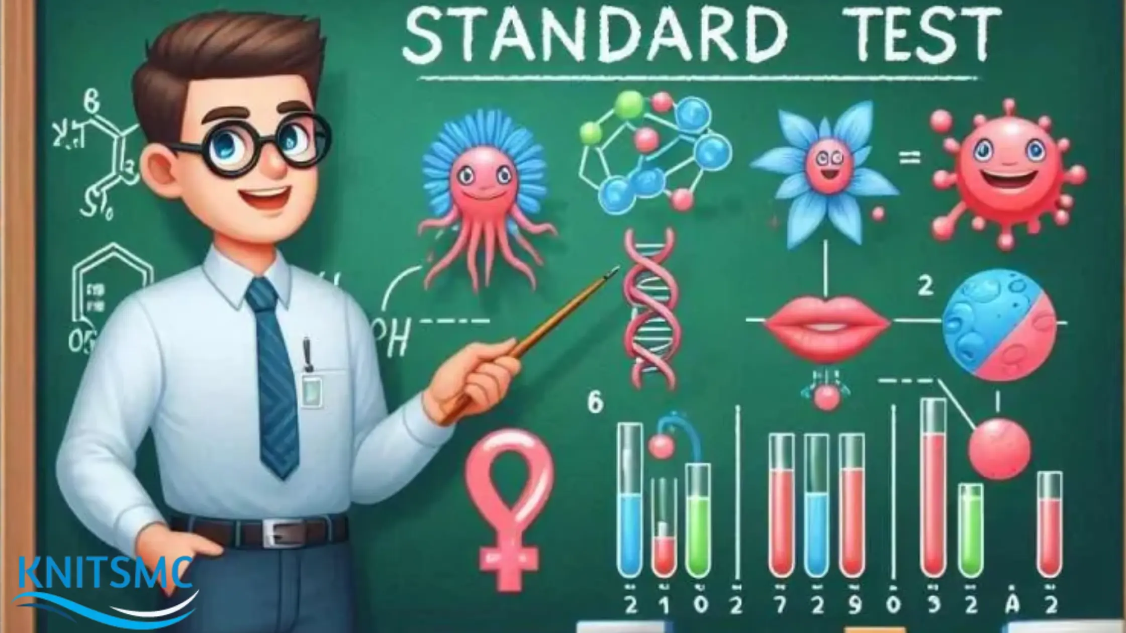 A cheerful teacher points to a chalkboard displaying various science illustrations and data, emphasizing Keeper Test Standards.