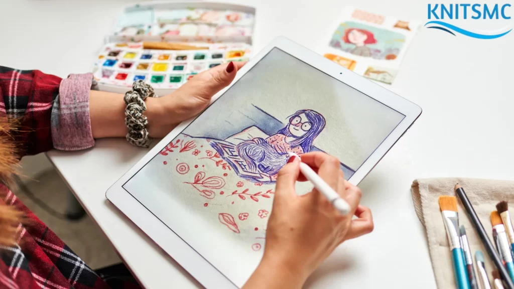 An artist uses a stylus on a tablet to create a drawing, showcasing various Illustration Styles in their artwork.