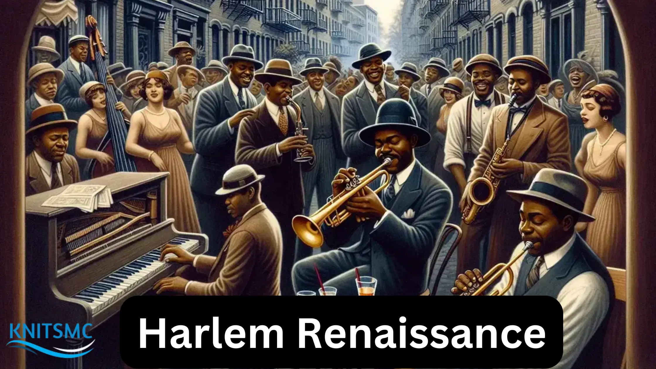 A lively street scene depicting musicians and dancers, illustrating the vibrant culture of the Harlem Renaissance, related to the Modernist Writing Style