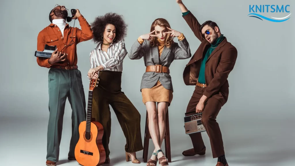 Group of people in retro outfits with musical instruments, embodying a Music Style That Means New Trend.