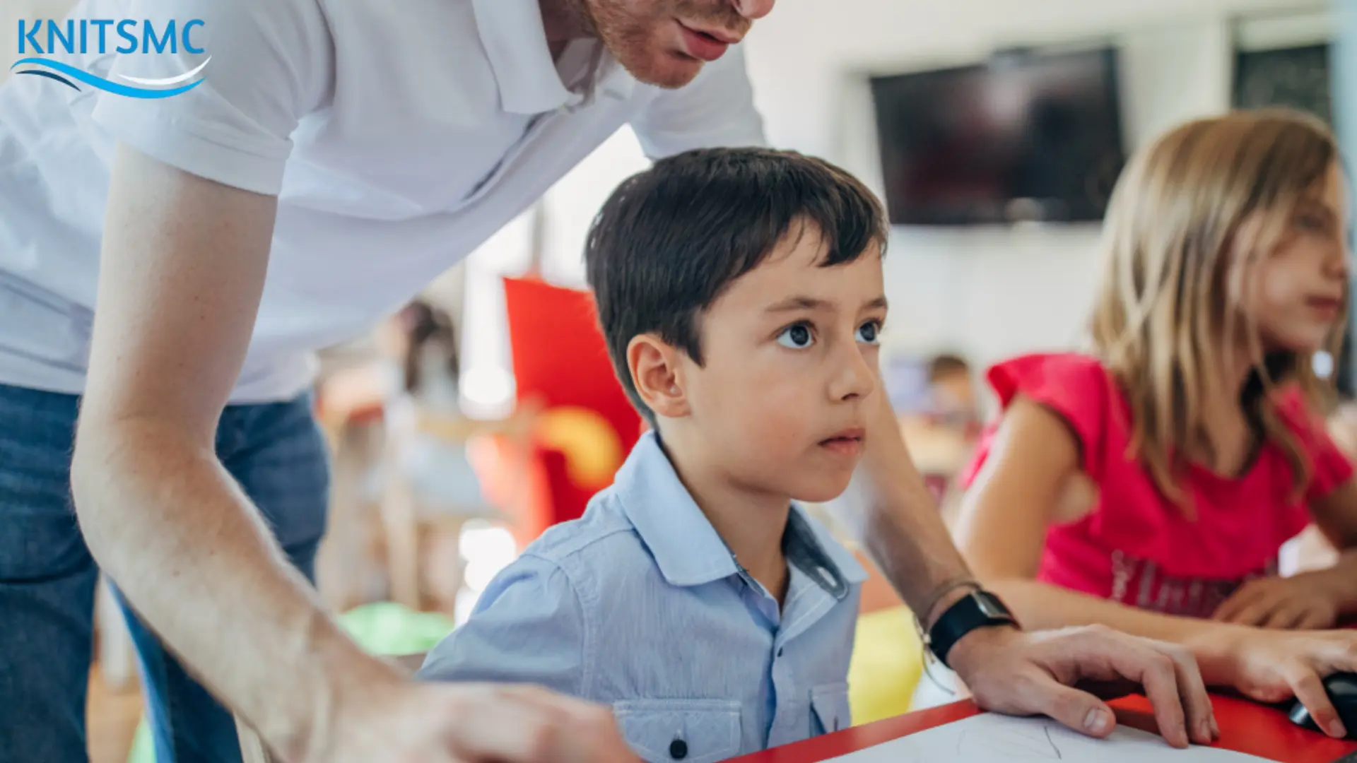 Young boy receiving guidance from a teacher in a classroom setting, symbolizing learning and creativity in a Music Style That Means New Trend environment.