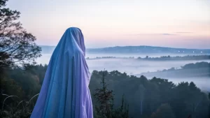 Figure shrouded in fabric gazing at misty landscape, pondering what lies beyond the veil.