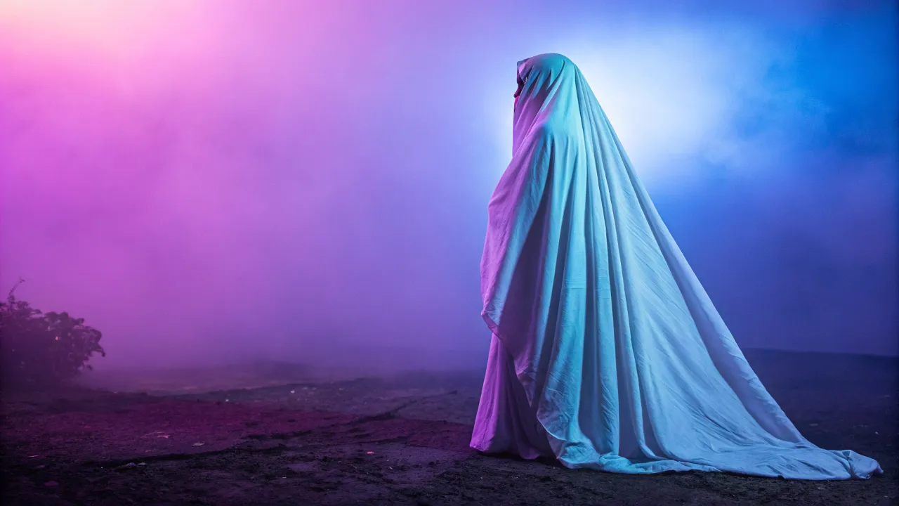 Figure in white sheet, illuminated by neon lights, pondering what lies beyond the veil.