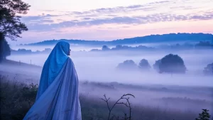 Veiled figure gazing at misty landscape, pondering what lies beyond the veil.