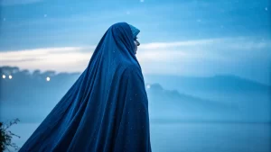 Woman in hijab gazing at twilight scene, pondering what lies beyond the veil.