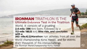 What is an Ironman race? Athletes compete in a rigorous triathlon involving swimming, cycling, and running.